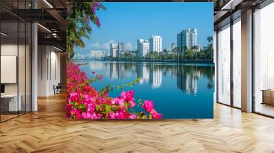 View of road highway with lake garden and modern city skyline in background Wall mural