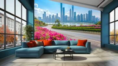 View of road highway with lake garden and modern city skyline in background Wall mural