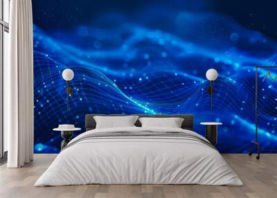 Wave of dots and weave lines. Abstract blue background for design on the topic of cyberspace, big data, metaverse, network security, data transfer on dark blue abstract cyberspace background Wall mural