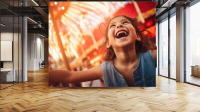 Young girl experiencing wonder and joy at a summer amusement park, captivated by the bright lights and thrilling rides during her fun-filled vacation, generative ai Wall mural