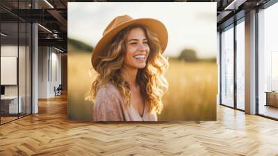 Young happy smiling woman standing in a field with sun shining through her hair Wall mural