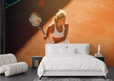 Young woman playing tennis. High angle view. Forehand volley. Generative ai Wall mural