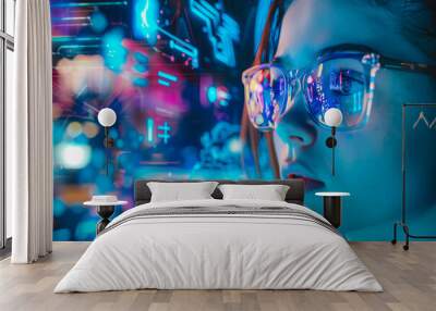 Young woman wearing eyeglasses browsing a futuristic immerse digital world Wall mural