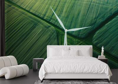 Zero emission. Top down aerial view on a Wind turbine eco farm on farm fields landscape Wall mural