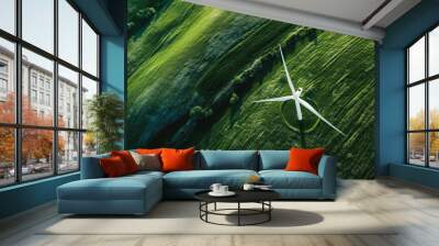 Zero emission. Top down aerial view on a Wind turbine eco farm on farm fields landscape Wall mural