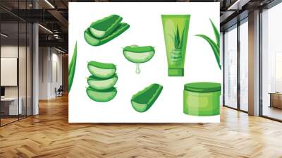 Set of beautiful aloe vera in cartoon style. Vector illustration of various green aloe vera leaves, cut into large and small sizes with drops, aloe creams and gels isolated on white background. Wall mural