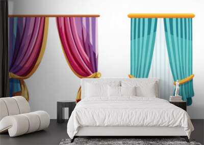 Set of beautiful colored curtains in cartoon style. Vector illustration of window curtains of different shapes: blue, pink, turquoise, red isolated on a white background. Curtains with lambrequin. Wall mural