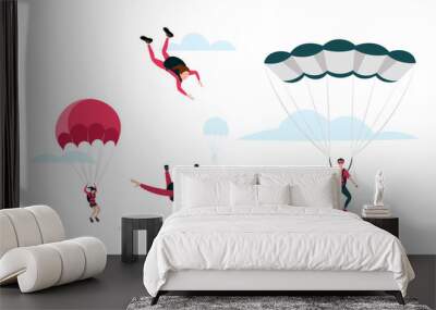 Set of people who skydive in cartoon style. Vector illustration of girls and guys who are free-falling and have already opened their parachute on white background with clouds. Wall mural