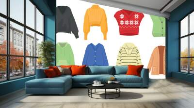 Set of sweaters, vests, hoodies in cartoon style. Vector illustration of beautiful warm outerwear in pastel colors decorated with ornaments and buttons isolated on white background. Wall mural