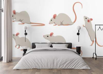 Set of white mouse in different angles and emotions in a cartoon style. Vector illustration of herbivorous animals isolated on white background. Wall mural