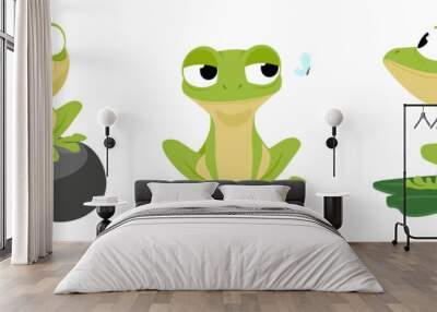 Vector illustration cute and beautiful frogs on white background. Charming character i sitting on a stone and a butterfly on the head and sitting on a water lily in cartoon style. Wall mural