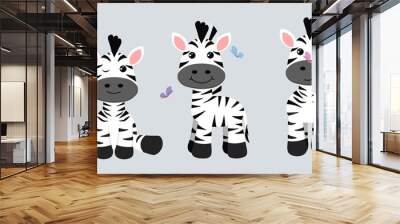 Vector illustration cute and beautiful zebras on white background. Charming characters in different poses with front view, side and sitting, playing with butterflies in cartoon style. Wall mural