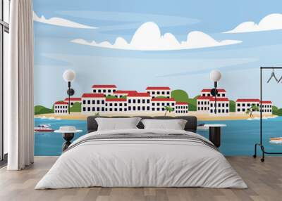 Vector illustration of a beautiful seascape. Cartoon scene of a summer landscape with clouds, houses with greenery, a beach with palm trees, a sea with yachts and sailboats. Panoramic landscape. Wall mural