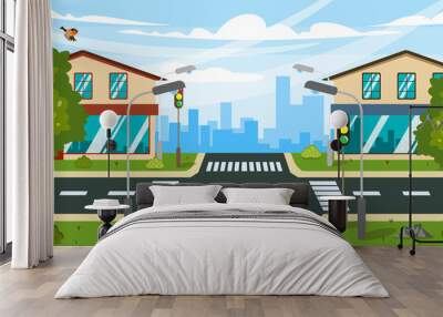 Vector illustration of a beautiful summer crossroads. Cartoon urban landscape with trees, path, lantern, houses, birds, traffic lights, highway and city in the background. Wall mural