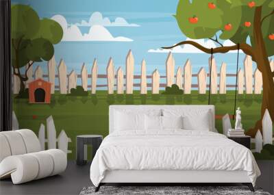 Vector illustration of a beautiful summer landscape with a swing. Cartoon scene of a rural landscape with a blue sky and clouds,a light fence, green trees, an apple tree,a swing, a dog house,flowers. Wall mural