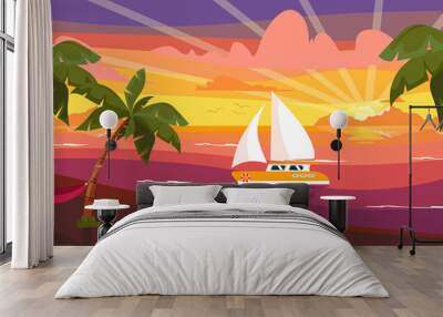 Vector illustration of a beautiful summer sea coast. Cartoon beach landscape on the sunset with palm trees, hammock, sailboat. Wall mural