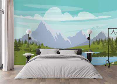 Vector illustration of a beautiful sunny mountain landscape. Cartoon summer landscape with blue sky with clouds, mountains, birds, forest, river, flowers. Wall mural