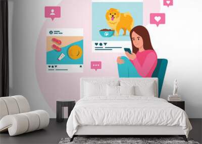 Vector illustration of a girl sitting on social networks. Cartoon scene with a girl sitting on a chair and looking at vacation photos and with her pet on social networks, commenting and liking. Wall mural