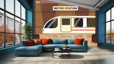 Vector illustration of a railway station in cartoon style. Train at the subway station, empty platform, underground interior of a modern subway. Logistics.. Convenient, fast public transport. Wall mural