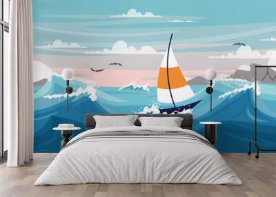 Vector illustration of a storm at sea. Cartoon scene of a beautiful landscape with a boat with a white and orange sail among big sea waves, rocks on the horizon, seagulls, sky with white clouds. Wall mural