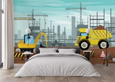 Vector illustration of construction. Cartoon scene of construction site with lifting crane, excavator, dump truck, shovels, signs of construction work, silhouette foundation of future house. Wall mural