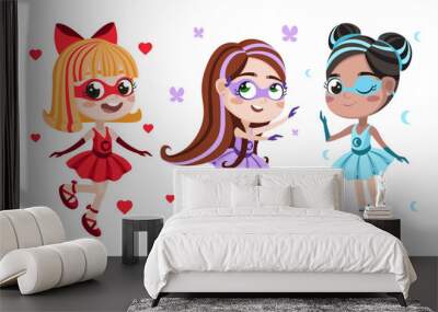 Vector illustration of cute and beautiful superhero girls in cartoon style. Charming characters of girls in different poses and emotions, with hearts, butterflies and a crescent moon on a background. Wall mural