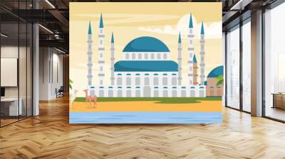 Vector illustration of Turkish mosque in Istanbul. Large Muslim building for prayers and service to God, historical memo. Desert area with palm trees and camels. Wall mural