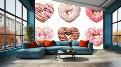 Heart-shaped donuts isolated on transparent background Wall mural