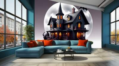 A haunted mansion with spooky backdrop, haunted house, Halloween, dark and spooky, evil,3D image of Led Haunted House with white background,Haunted house vector illustration for background or template Wall mural