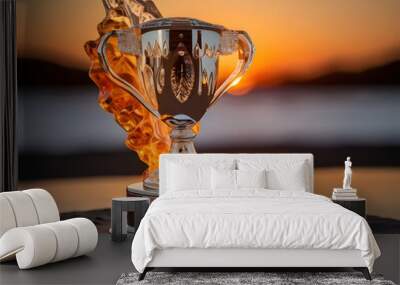 glass of champagne,Golden trophy cup with gold splash,gold trophy cup on black,Golden trophy cup with confetti on a bokeh background. Wall mural