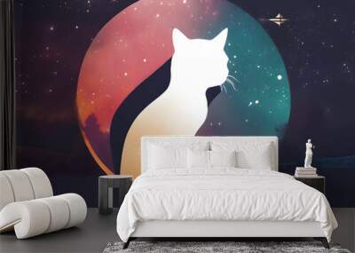 Retro Feline Dreamscape: Silhouette of a Cat and Starry Night Double Exposure in Vintage Colors - 80's Minimalist Poster Design