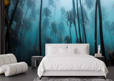 Kelp forest underwater in Cape Town with blue foggy water and tall kelp stems growing to the water surface Wall mural