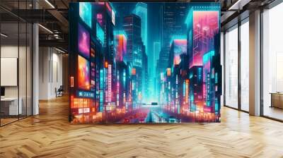 neon lights and holographic billboards illuminate the night sky. The cityscape is alive Wall mural