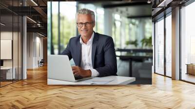  Smiling businessman behind a work desk. Man at work in a company. IA. Wall mural