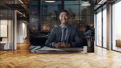 Asian businessman smiling at work behind a desk. Rich man businessman. Professional career. World of work. Work in a company. AI. Wall mural