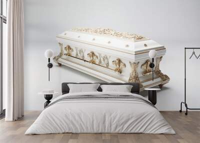 Coffin on white background. Topics related to death. Obituary. Funeral. Funeral. Burial ceremony. Death of a celebrity, death anniversary, Wall mural