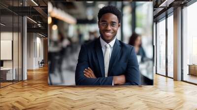 Smiling black businessman in suit. Man in work clothes. Rich man. Business boss. Boss of a start-up. Black man. Africa man. African country.AI. Wall mural