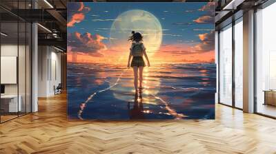 Anime girl gracefully walks on water, surrounded by gentle ripples, against the breathtaking backdrop of a dawn sky Wall mural