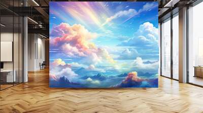 beautiful colorful anime clouds on a blue sky. Wall mural