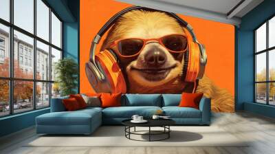 Cool sloth wears sunglasses and  headphones Wall mural