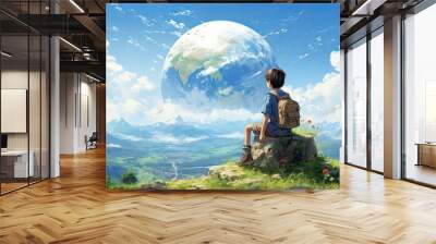 Fantasy anime boy discovers another world on the sky.  Wall mural