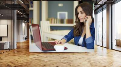 We can help you. Beautiful smiling brunette women sitting at the table and working at a laptop and speaking on smartphone. Co working zone. Pretty freelancer. Wall mural