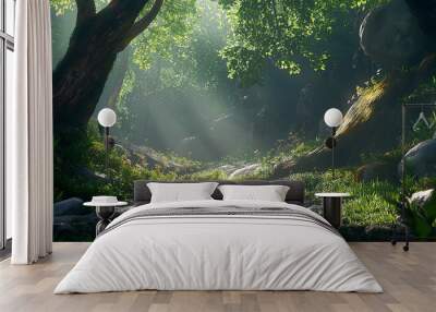 Forest with many rocks with beautiful sunlight pointing to it Wall mural