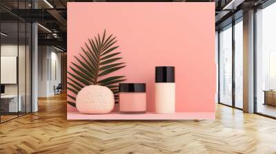 A minimalistic arrangement of skincare products against a soft pink background, complemented by a natural element, creating a serene and stylish aesthetic. Wall mural