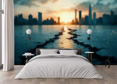 A serene city skyline at sunset with a reflective surface and dramatic lighting, showcasing a cracked foreground leading toward the horizon. Wall mural