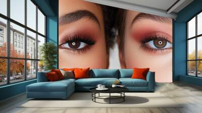 Two faces showcase distinct eye makeup styles, featuring bold lashes and beautiful eyeshadow in warm tones. Wall mural