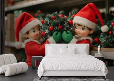 Two joyful Christmas dolls in red hats and outfits hold a festive wreath among green decorations on a store shelf. Wall mural