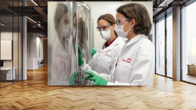 Two professionals in lab coats and safety gear work diligently in a cleanroom setting, focusing on equipment behind a reflective surface. Wall mural