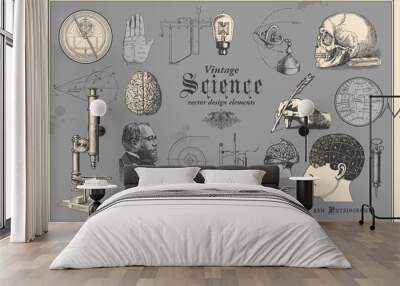 retro graphic design elements: vintage science - collection of vintage drawings featuring disciplines such as medicine, phrenology, chemistry, palm reading (chiromancy) and nautical navigation Wall mural