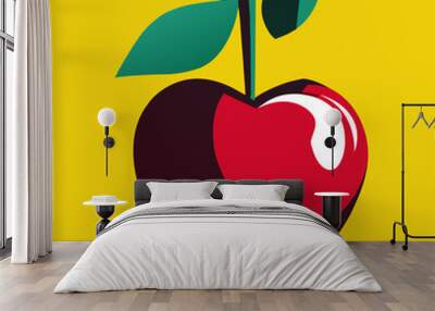 A single red apple with a green leaf on a yellow background. Wall mural